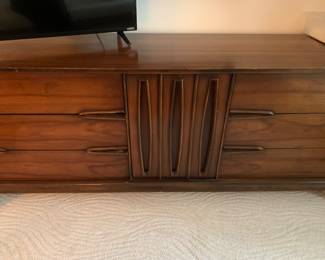 MCM bedroom furniture - long dresser, wardrobe, 2 bedside tables and queen headboard