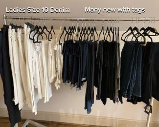 Ladies denim jeans. most with tags. White, blue, and black. Size 10, different styles and cut.