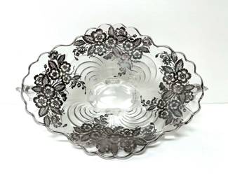 Vintage Cambridge Glass Bowl with Sterling Floral Overlay