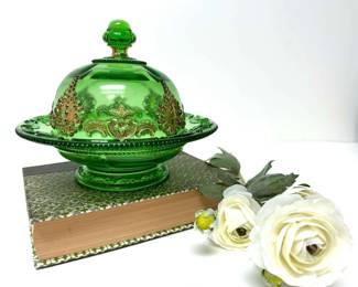 Vintage Emerald Green Glass Butter Dish with Dome Lid