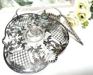 Cambridge Divided Glass Covered Dish with Sterling Overlay