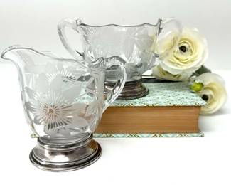 Vintage Etched Glass Sterling Sugar  Creamer