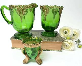 Antique Emerald Green Gold Glass Sugar, Creamer,  Toothpick
