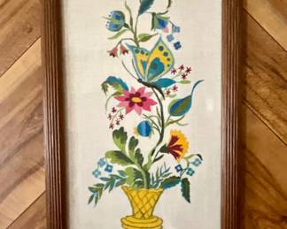 Vintage Butterfly Among Flowers Embroidery on Linen, matted and framed