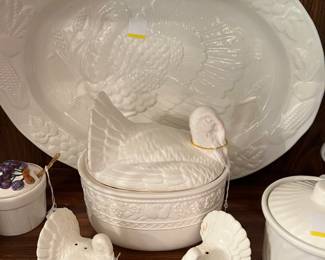 Turkey soup tureen, platter, salt/pepper