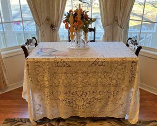 Duncan Phyfe table with gorgeous lace tablecloth