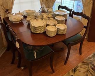 Duncan Phyfe table with 4 needlepoint chairs, Noritake China "Glendola"