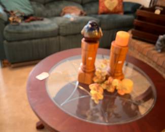 Walnut / glass round coffee table, accessories