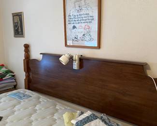 King panel headboard, king mattress/box springs, Cross stitched vintage Nursery Rhyme prayer