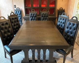 Mid Century Vintage Dining Table & Tufted Black Vinyl Chairs