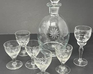 Etched Crystal Decanter & Glasses