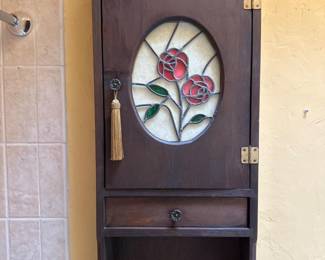 Vintage Wood Wall Cabinet w/ Stained Glass 