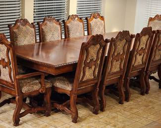 Formal Dining Table w/ 10 Elegant Upholstered Chairs