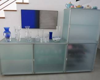 Modular Glass & Steel Bar Cabinet;  Blue / Brushed Steel Arwork.