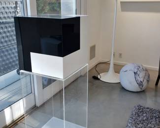 Pair of Large Cubes on Acrylic Pedestals by Moshe, Tall Pedestal Floor Lamp.  "Marble" poof is sold.