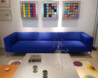 Stunning Royal Blue Sofa, Table Mobile and Chess Set are SOLD!  Brushed Steel Square Coffee Table, Slat Coffee Table, Three Modular Cube Structures by Moshe are all avail.