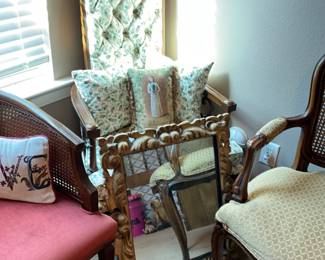 Bedroom - very tall backed chair & cushions, ornate mirror, & 2nd chair