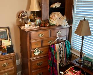 Bedroom - 5 drawer chest & small cabinet, lamp, scarves 
