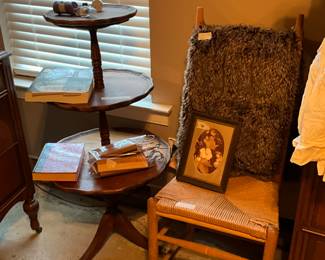2nd bedroom - vintage 3 foot tiered table, cane bottom chair & miscellaneous 