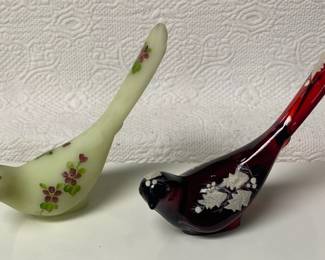 Vintage Fenton Custard Glass And Ruby RedLong Tailed Bird Hand Painted Signed,