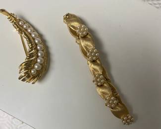 Trifari Crown Over T Vintage GoldTone Faux Pearl Feather Brooch, Signed