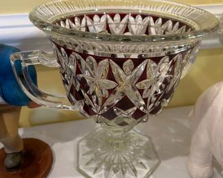Antique Victorian Rare Pedestal Bowl, Ruby Cranberry Cut to Clear G Crystal Urn Centerpiece Vase