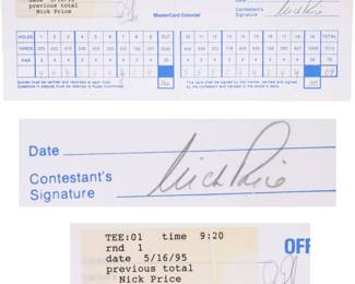Nick Price signed golf score card