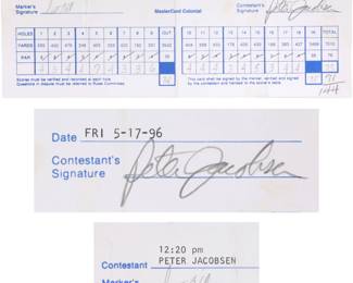 Peter Jacobsen signed golf score card