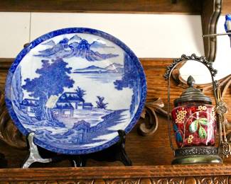 Vintage lantern and flow blue decorative plate 