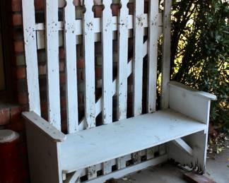 White outdoor wood bench 