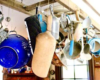 Cute blue kitchen utensils and vintage kitchenware 