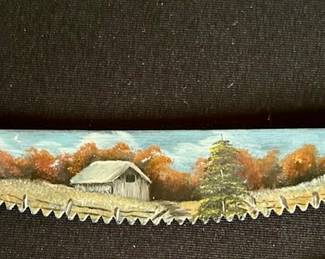 Painted saw autumn farm landscape 