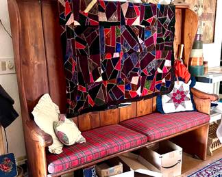 Large wooden high back bench and Victorian handmade crazy quilt 