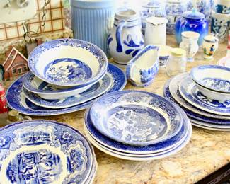 Flow blue China plates and place settings 