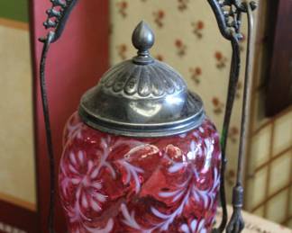 Victorian cranberry glass pickle castor