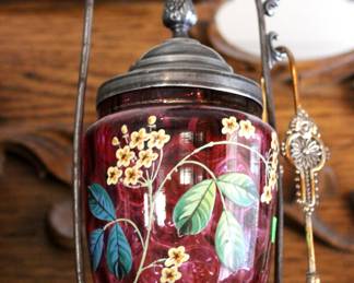 Victorian cranberry glass pickle castor