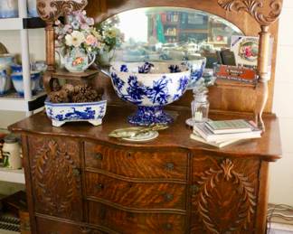 Large wood carved dresser with mirror 
