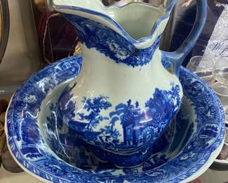 Large Blue and White Pitcher and Bowl Set