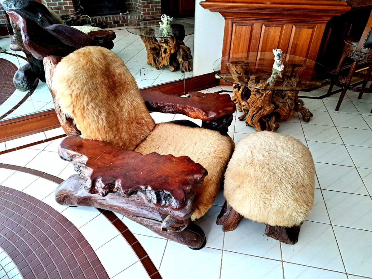 California burl redwood chair and ottoman with sheep skin upholstery, attributed to Daryl Stokes, 1970's