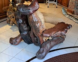 Side and back view of burl redwood chair