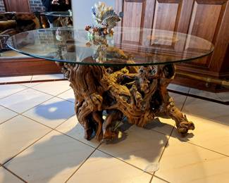 Vintage California burl redwood three branch base coffee table with glass top.