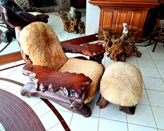 California burl redwood chair and ottoman with sheep skin upholstery, attributed to Daryl Stokes, 1970's
