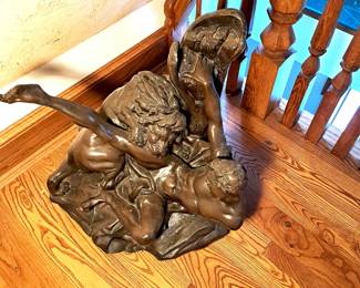 Large French bronze sculpture, 19th century,  reclining figure with lion