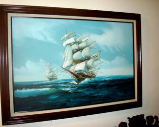 Large oil painting of sailing ship