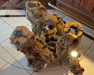 Close up of three branch burl redwood coffee table
