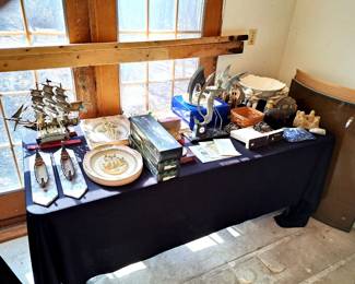 Table full of collectibles.