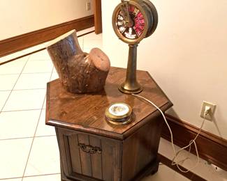 Octagon stand  with ship's telegraph to engine room lamp and stump trinket box.