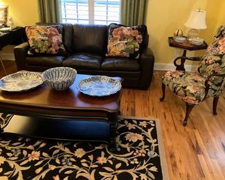 Leather sofa, gooseneck chair, blue & white porcelain