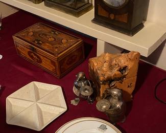 Clocks, Puzzle Boxes, Marquetry Inlay, Salt glaze, Saratoga Casino China from Arnold Rothstein's Brook Club