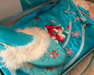 Three sets of silk robes, pants, tops, and slippers 